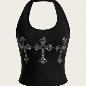 Black Halter Tank Top with Rhinestone Cross Accents
